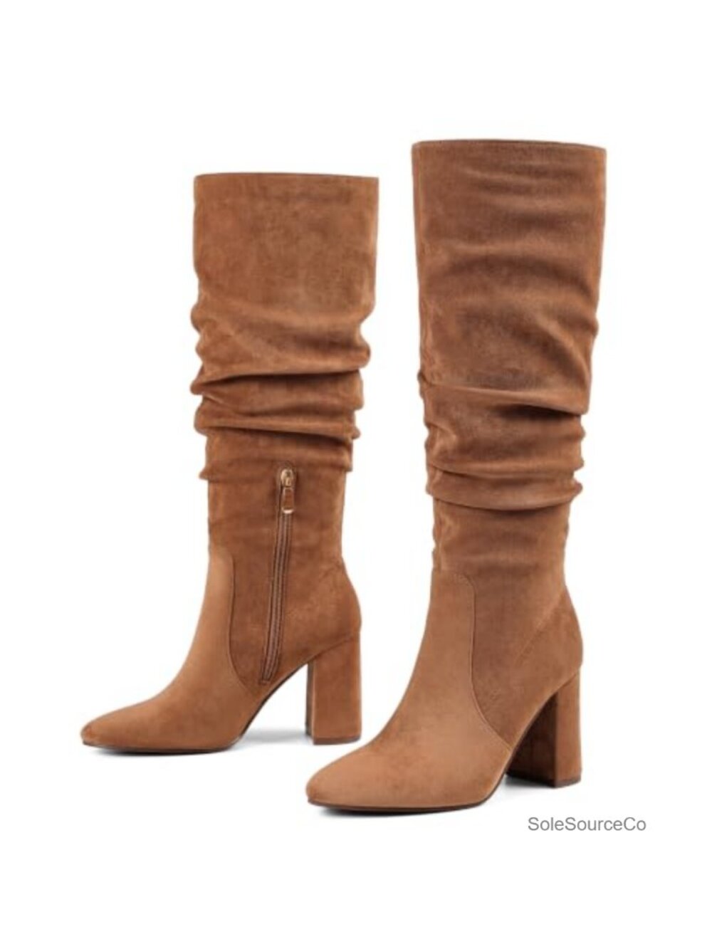 Knee High Boots Faux Suede Pointed Toe Slouch Block Heel Side Zip